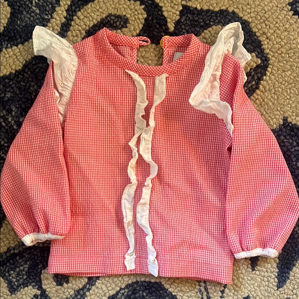 Pink Gingham Seersucker Kids Top with Ruffle Details